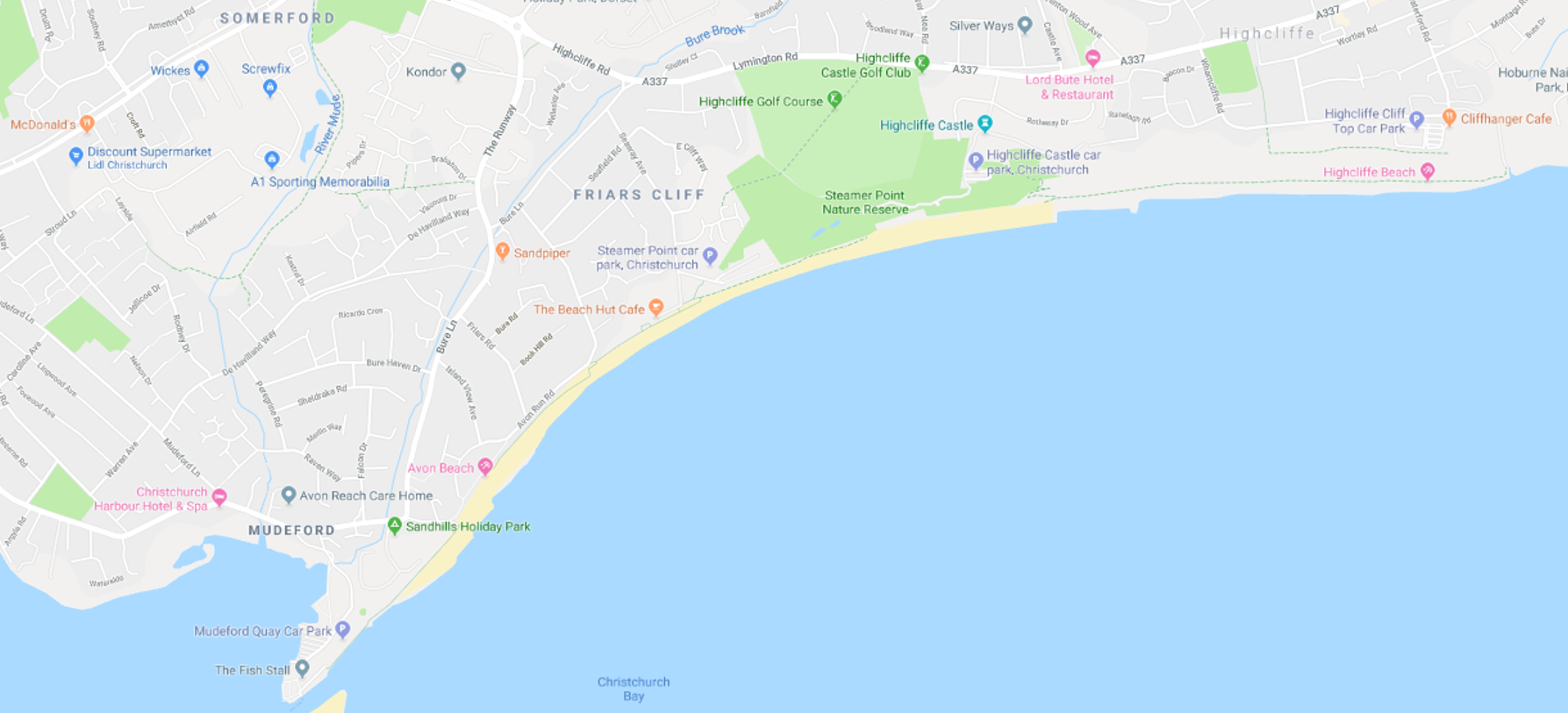Map showing the beaches in Mudeford